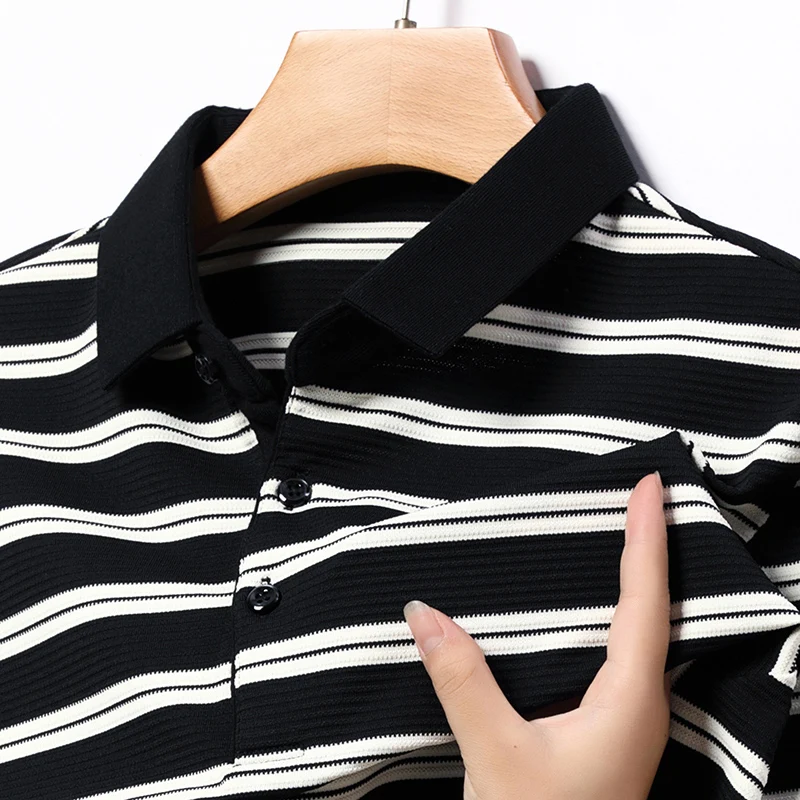 Classic Striped Polo Shirt Men\'s Long-Sleeved T-shirt Daily Casual All-Matching Tops Black and White Lapel M-4XL