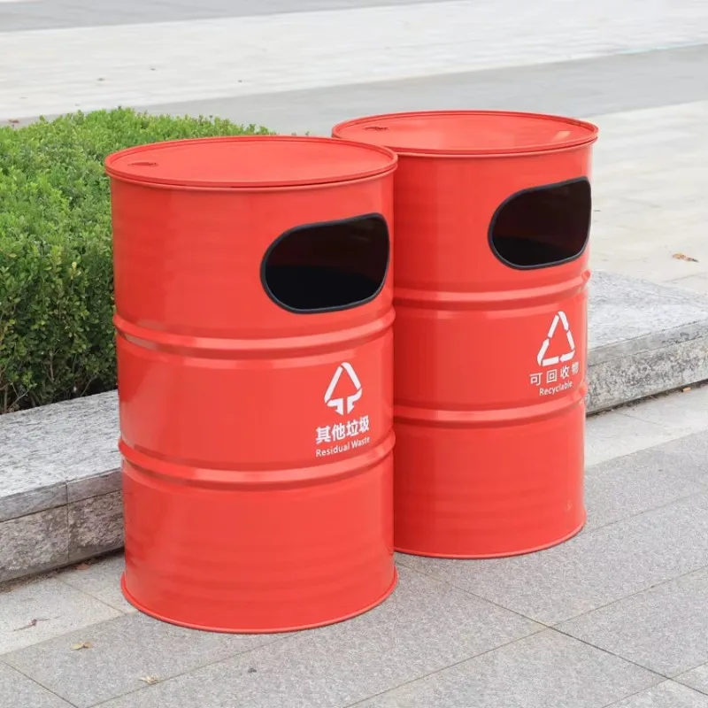 

Creative Outdoor Household Metal Iron Trash Can Standing Structure Without Lid Oil Drum Style Storage Bucket for Garbage