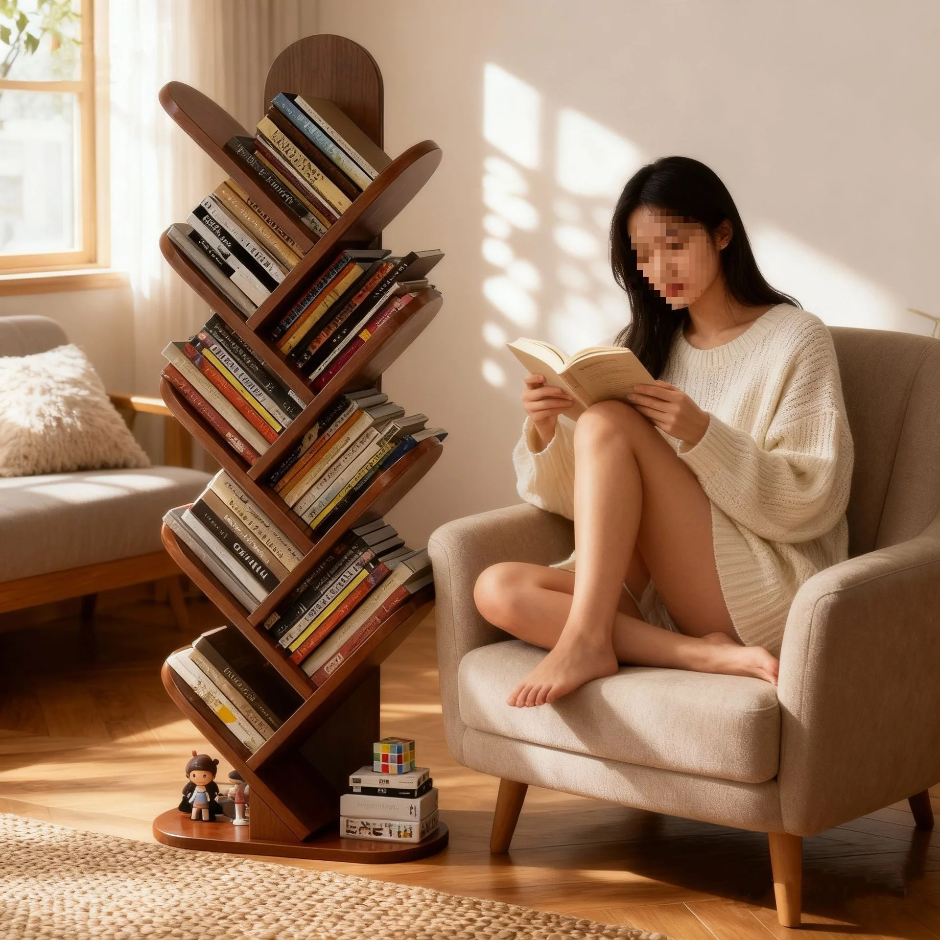Solid wood tree-shaped bookshelf Floor shelf against the wall Living room integrated storage wall Corner household corner