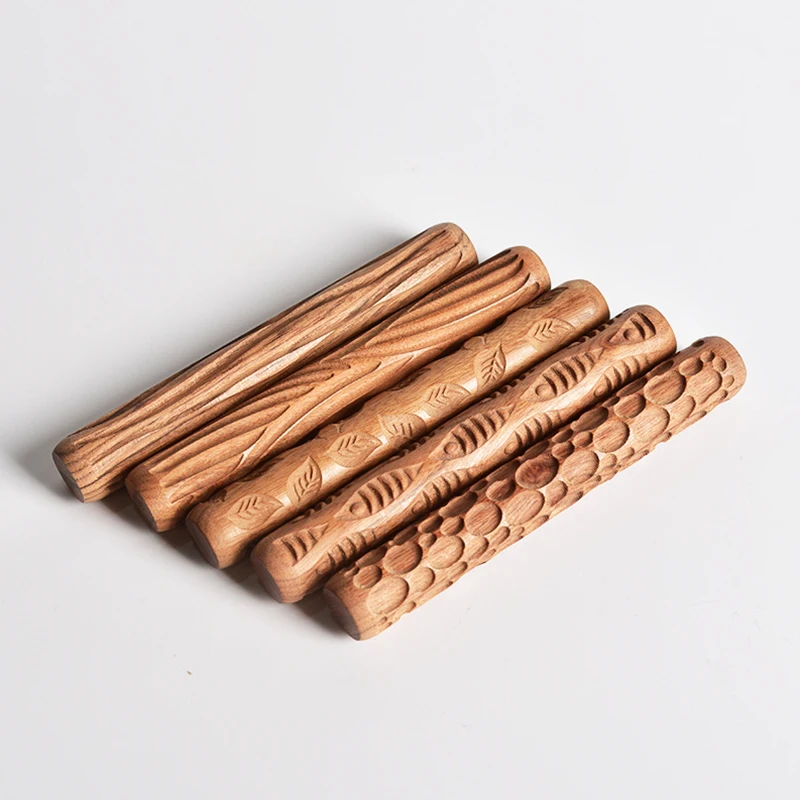 New Wooden Texture Rolling Pin Ceramic Pottery Art Embossed Rod Flower Pattern Mud Roll Roll Reliefs DIY Clay Craft Tool