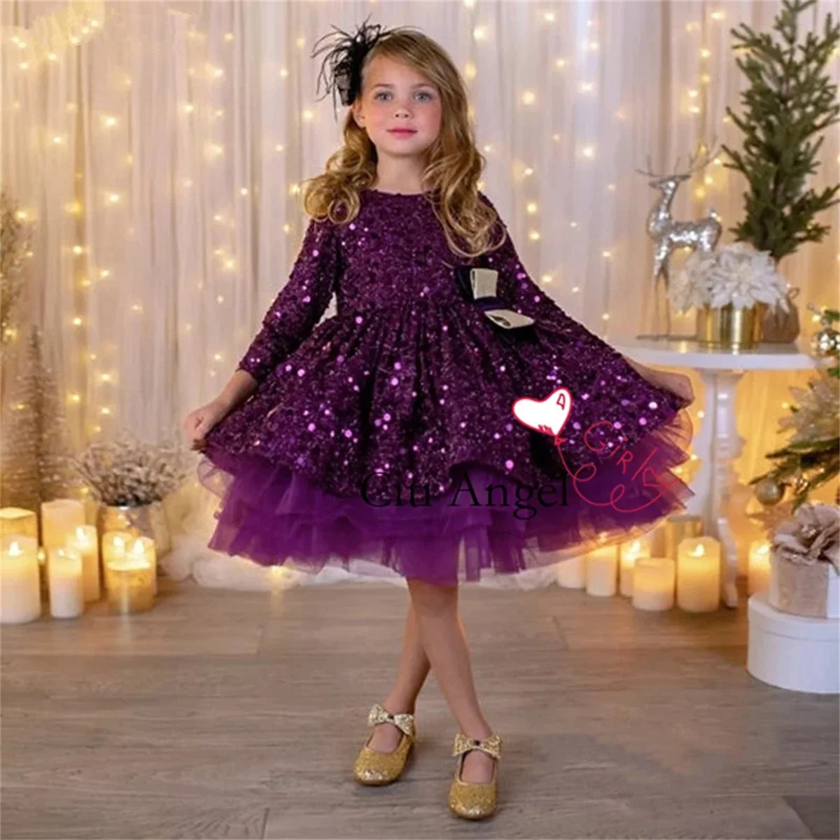 

Purple Flower Girl Dress Scoop Neck Fluffy Girls Party Dresses for Wedding Puff Sequins Kids Christmas Ceremonial Dress