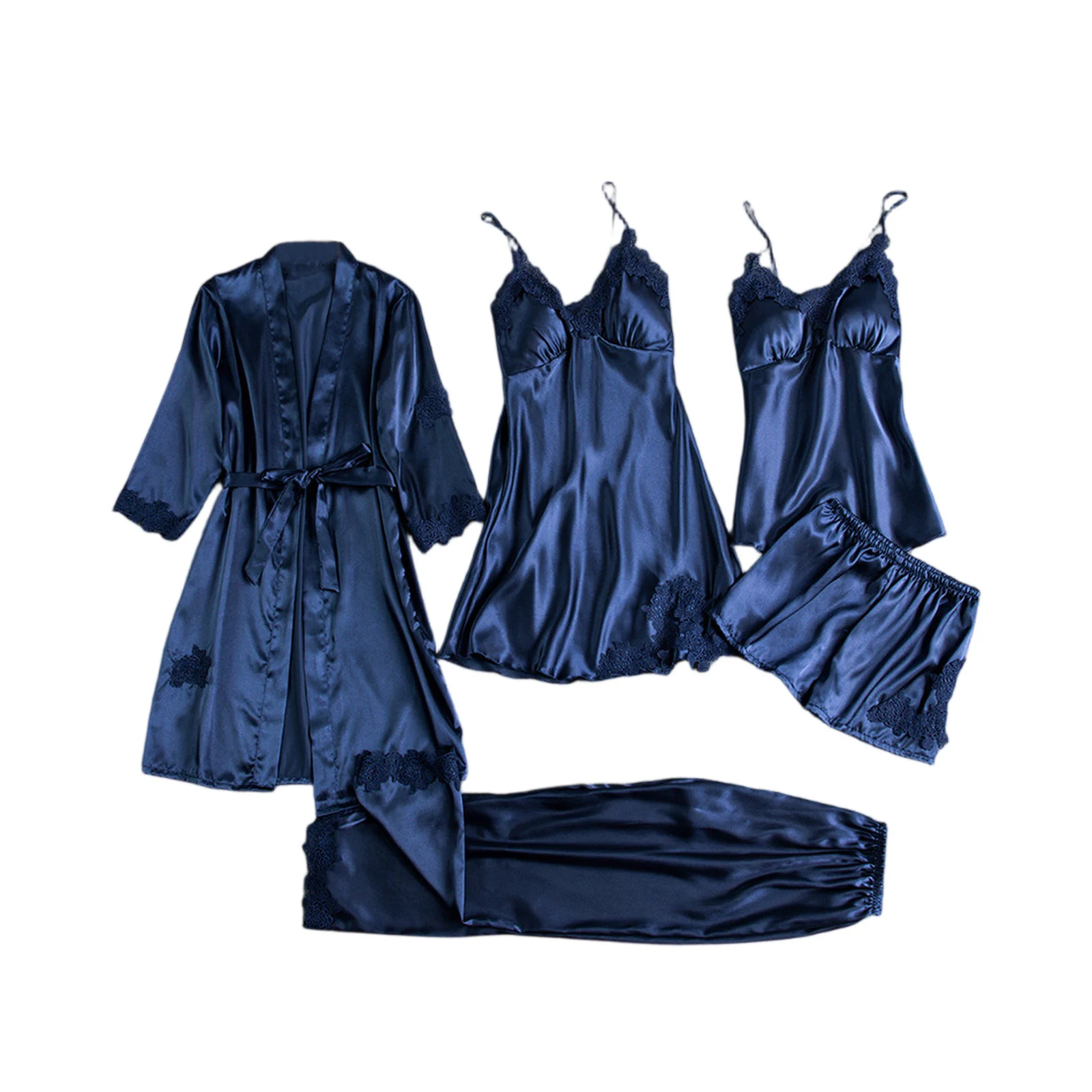 

Women's Ice Silk Sleepwear Set Long Sleeved Thin Style Nightdress Set Solid Color Lace Satin Pajamas Comfortable Home Nightwear