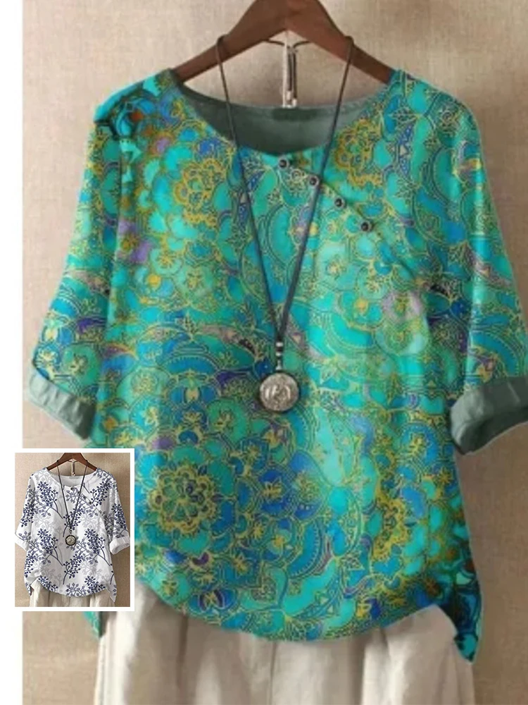 

Хлопковая льняная футболка в стиле ретро, большие размеры, женский повседневный круглый топ с принтом, летняя одежда, удобный свободный крой