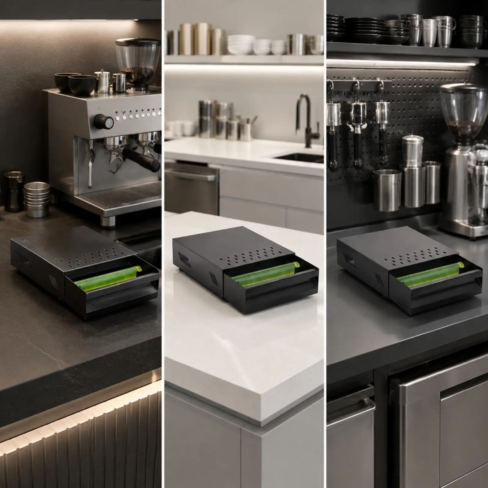 Stainless Steel Espresso Puck Container with Ventilated Lid and Drawer for Coffee Bar Counter Commercial Use