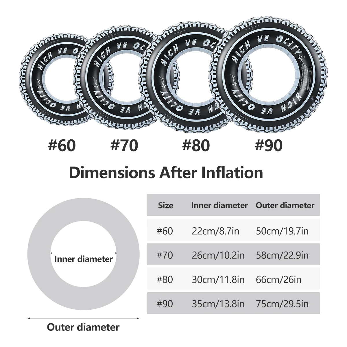 검은색 타이어 풍선 수영 반지 - 다양한 크기의 두꺼운 PVC 인쇄 수영장 플로트, 재미를 위한 물놀이 장난감