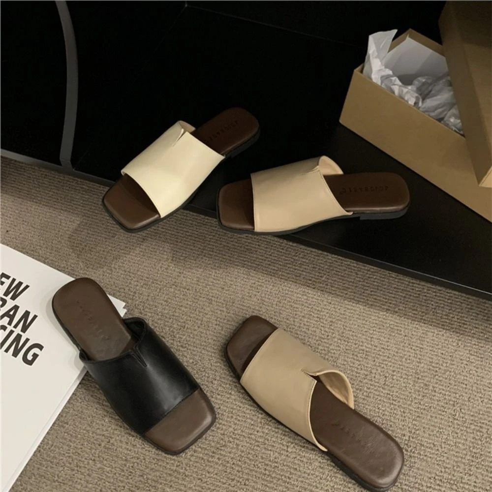 

Soft PVC Flat Soled Slippers Black White Khaki Anti Slip Slides Sandals Women Korean Style Solid Color Outer Wear Shoes Summer
