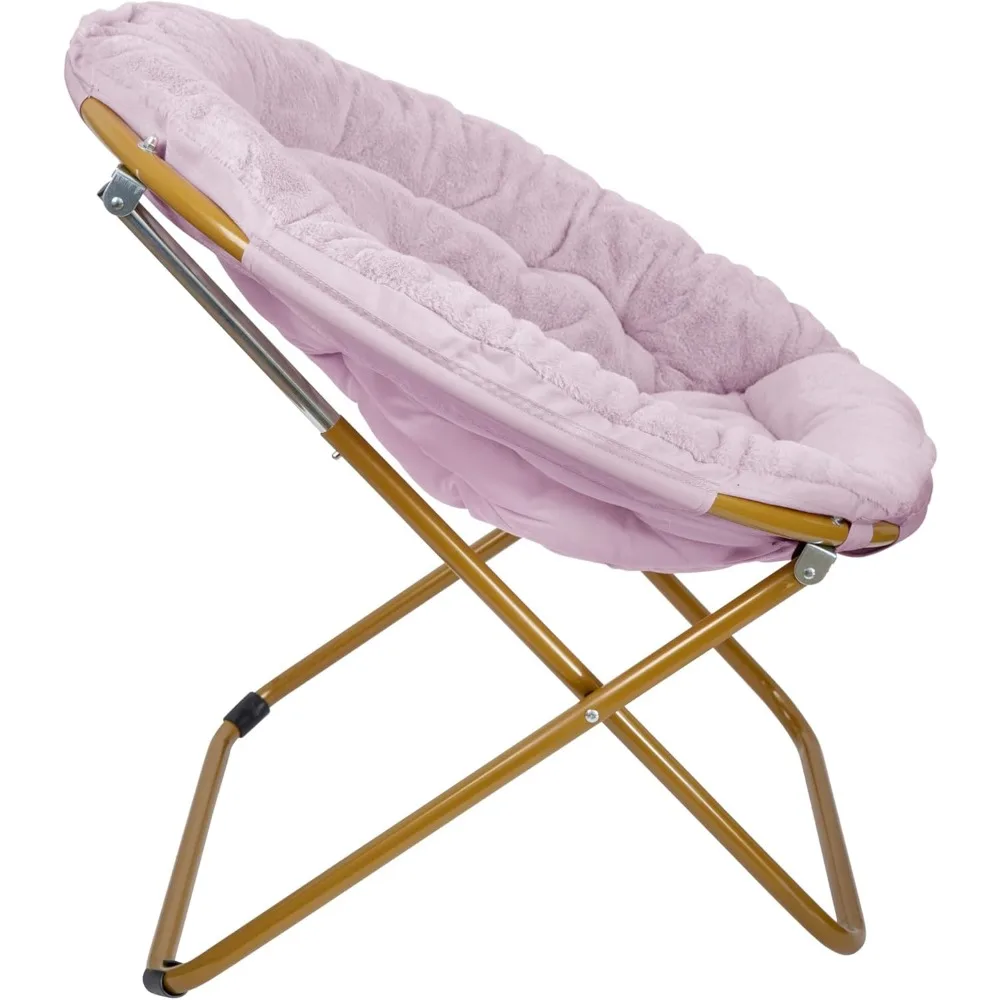 كرسي صحن قابل للطي كبير الحجم مع فرو صناعي - إطار معدني ذهبي ناعم أرجواني مغبر - كرسي قمر محمول 38 قابل للطي للمريح #6