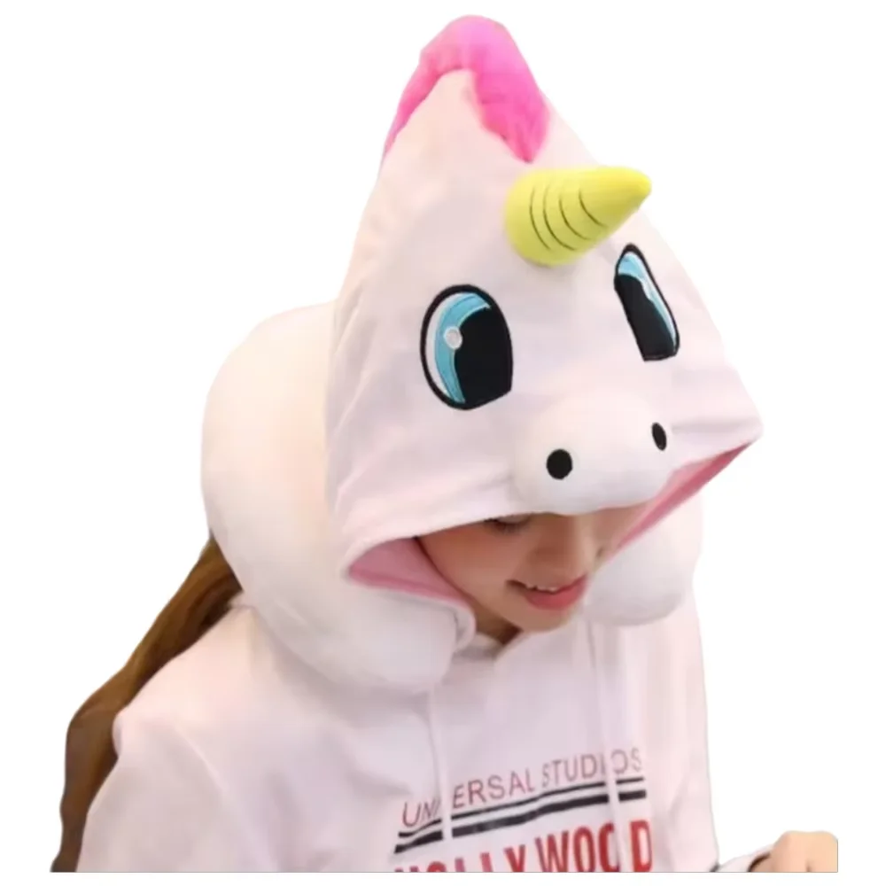 Cartoon Unicorn Soft U-Shape Neck Travel Cushion Pillow for Car Airplane Protable Hooded Pillow Cushion Compact Soft  Neck Rest