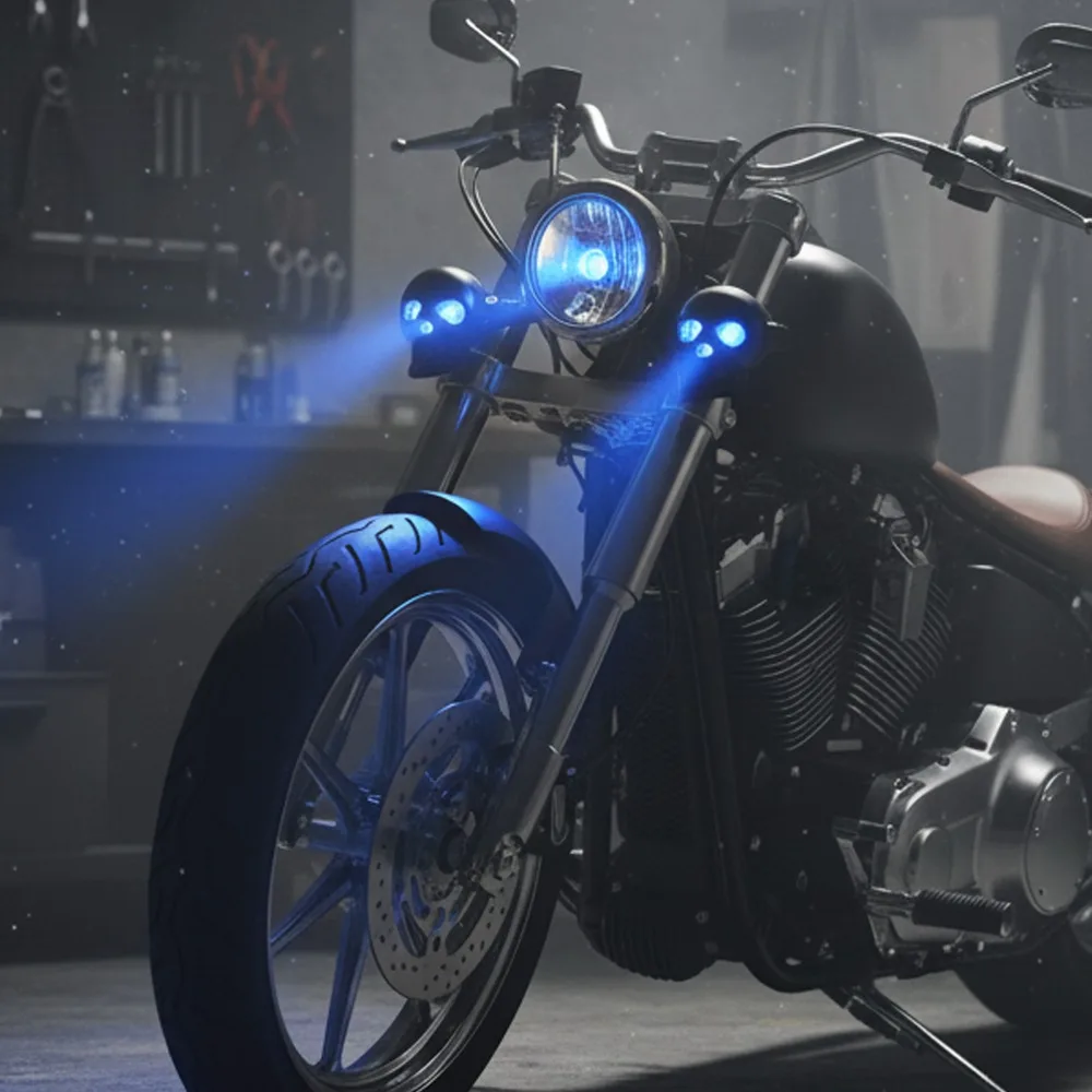الجمجمة دراجة نارية مؤشر ثنائي اللون دراجة نارية سكوتر الجبهة الخلفية بدوره أضواء الإشارة 12 فولت الأحمر/الأزرق مصباح جيد الإضاءة القيادة الخفيفة #2