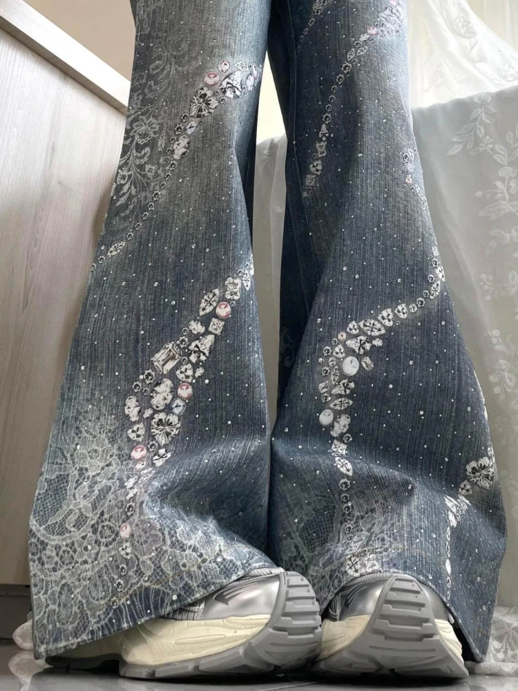 Deeptown Y2k Vintage Rhinestone Butterfly Women Jeans Washed Harajuku Wide Leg American Style Baggy Denim Pants Gyaru Hip Hop