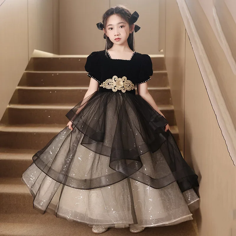 Elegant Evening Dress for Girls Bubble Sleeves Tulle Contrasting Princess Long Dresses Children Host Performance Costume
