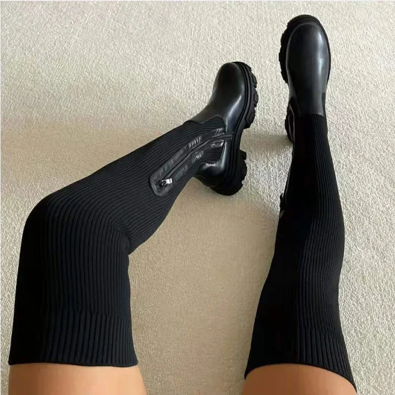 

Pop Women Thick Sole Boots 2024 Autumn Winter Breathable Knitting Sock Ladies Thigh High Boots Stretch Round Toe Shoes Plus Size