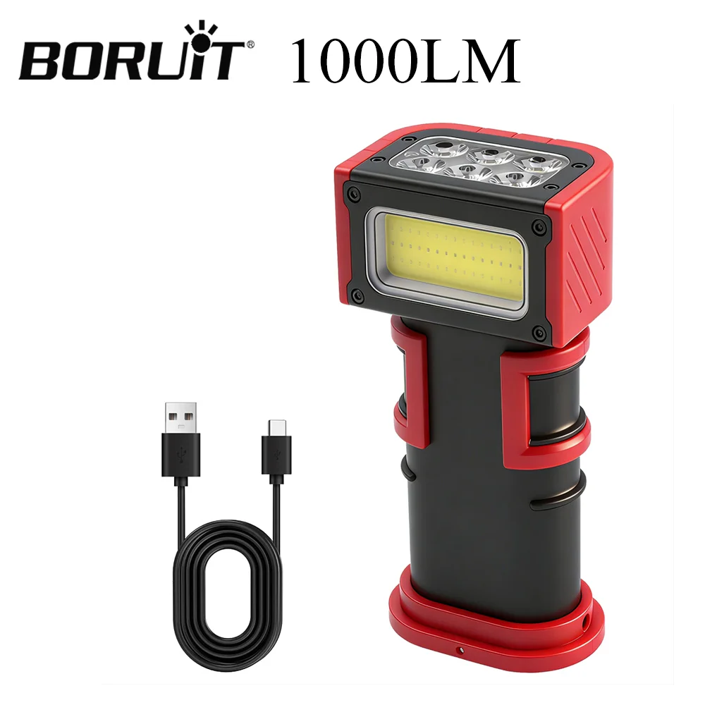 BORUiT 18650 LED Work Light 1000LM Type-C Rechargeable Flashlight with Magnetic &Hook Inspection Lamp for Car Repair Camping