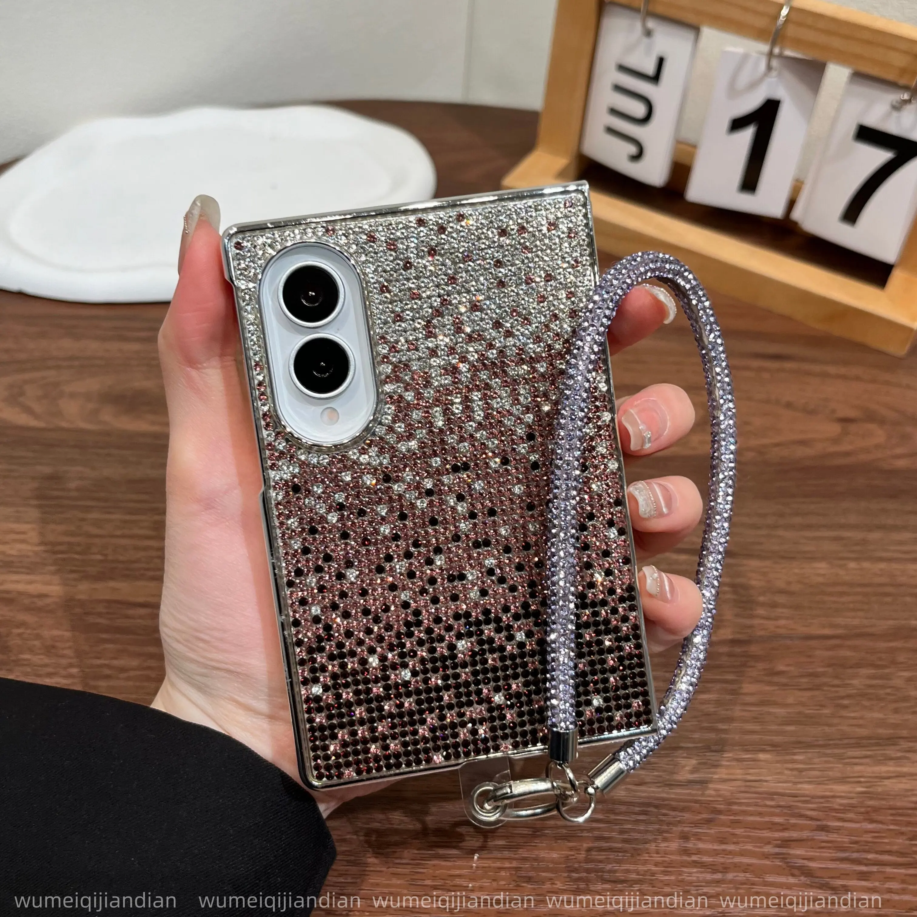Luxury Gradient Glitter Rhinestone Phone Case For Samsung Galaxy Z Fold 8 Protective Cover Sparkly Crystal Wrist Strap Lanyard
