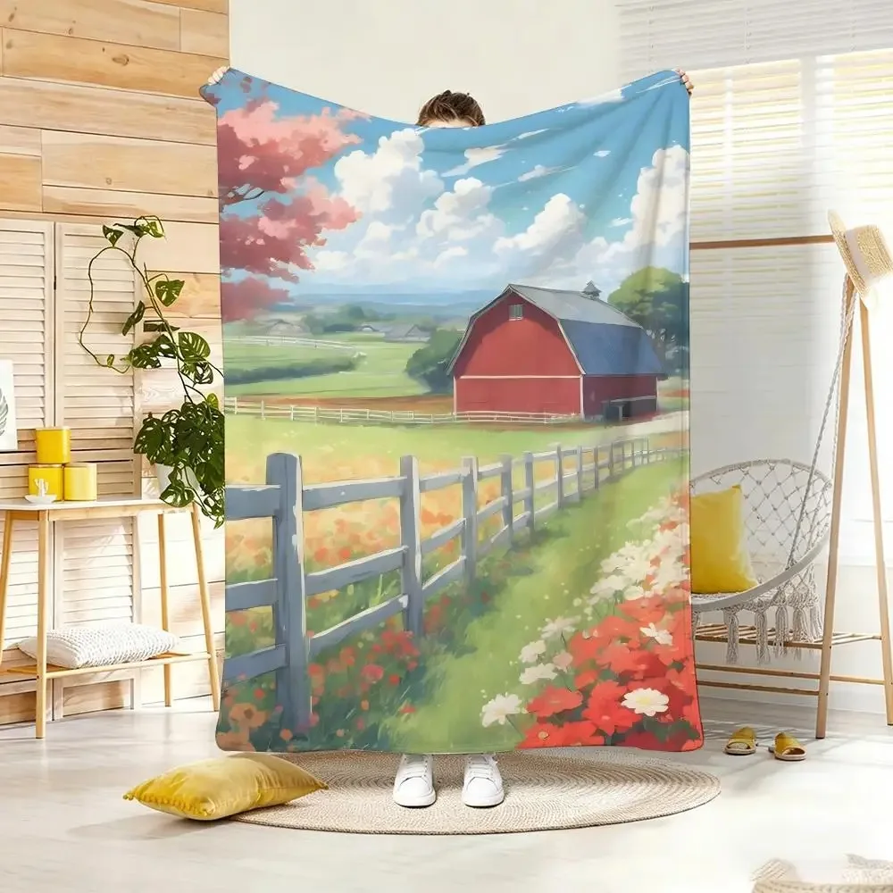 Scenery Cartoon Countryside Style Throw Lightweight  Flannel Blanket Soft Skin-friendly for Summer Cooling