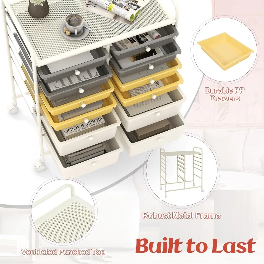 Mehrzweck-Rollwagen mit Metallrahmen, 12 abschließbaren Schubladen und Mehrzweckwagen für Lagerlösungen