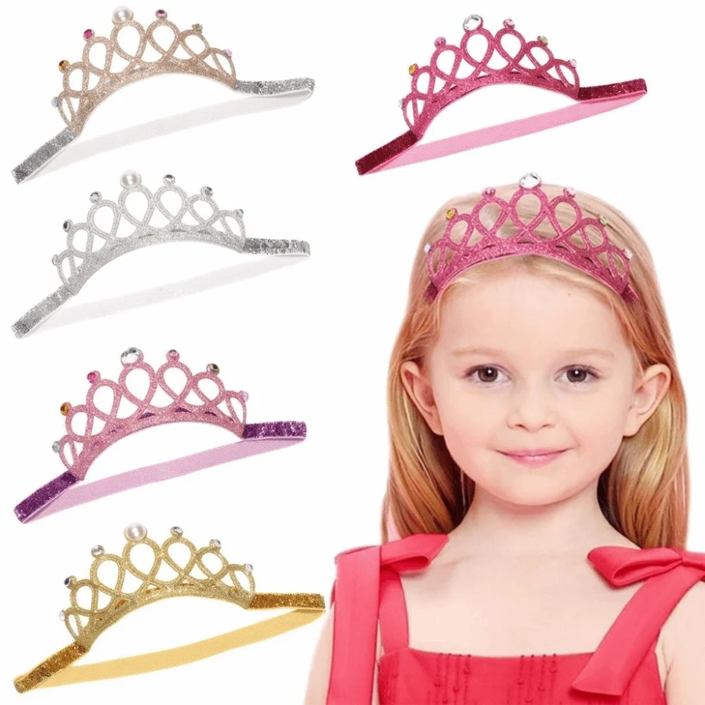 New Princess Headband Glitter Pearl Newborn Birthday Party Crown Hair Accessories Rhinestone Elastic Turban Shower