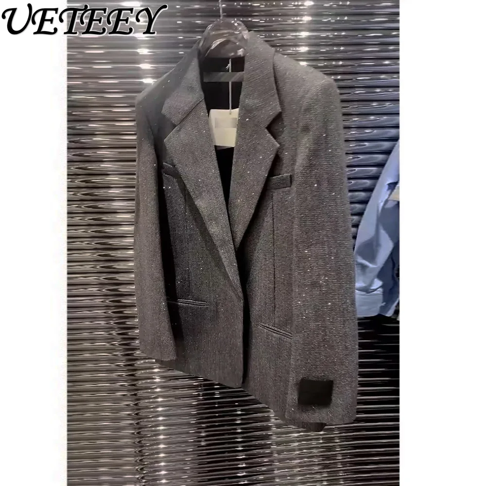 

Autumn and Winter New Fashion High-end Heavy Industry Long-sleeved Blazer Jacket Hot Diamond Gray Silhouette Coat for Women