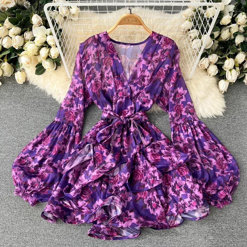 HIkigawa Chic Fashion Korean Dresses For Women Summer V Neck Floral Print Slim Waist Woman Dress Vintage Elegant Vestidos Mujer