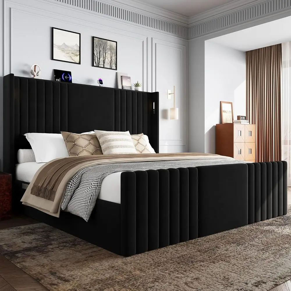 

Кровать King-size из велюра с высоким изголовьем 55,1 дюйма, дизайном Wingback, подсветкой для чтения, местом для хранения, функцией зарядки, простой сборкой, бесшумная, черная.