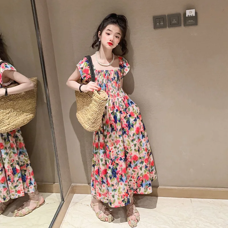 Girls floral dress summer dress children\'s summer thin princess dress older children girls skirt