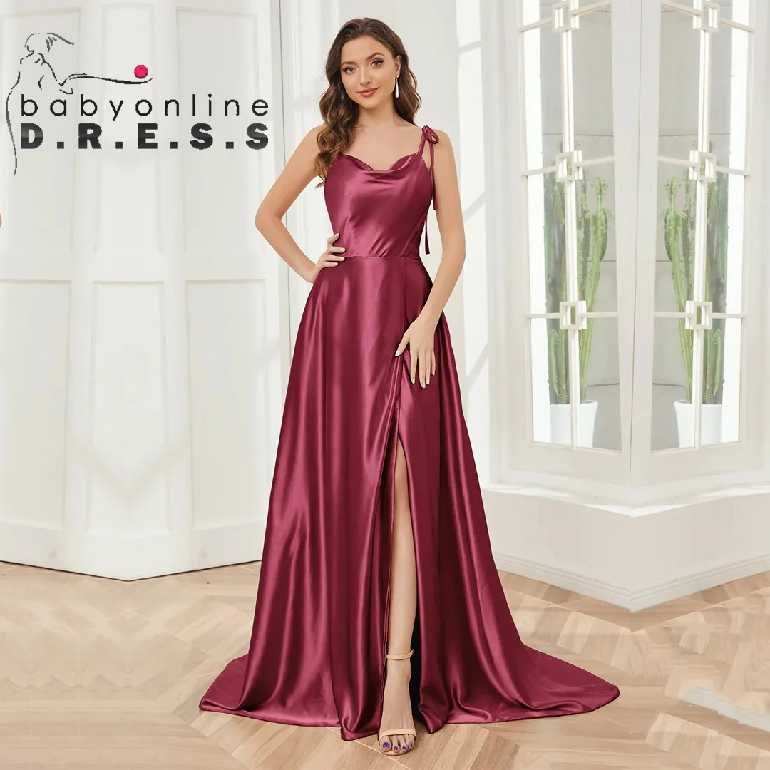 BABYONLINE Elegant Bridesmaid Dress Cowl Neck Adjusted Spaghetti Silky-satin Fabric A-line Silhouette Wedding Women Long Gown