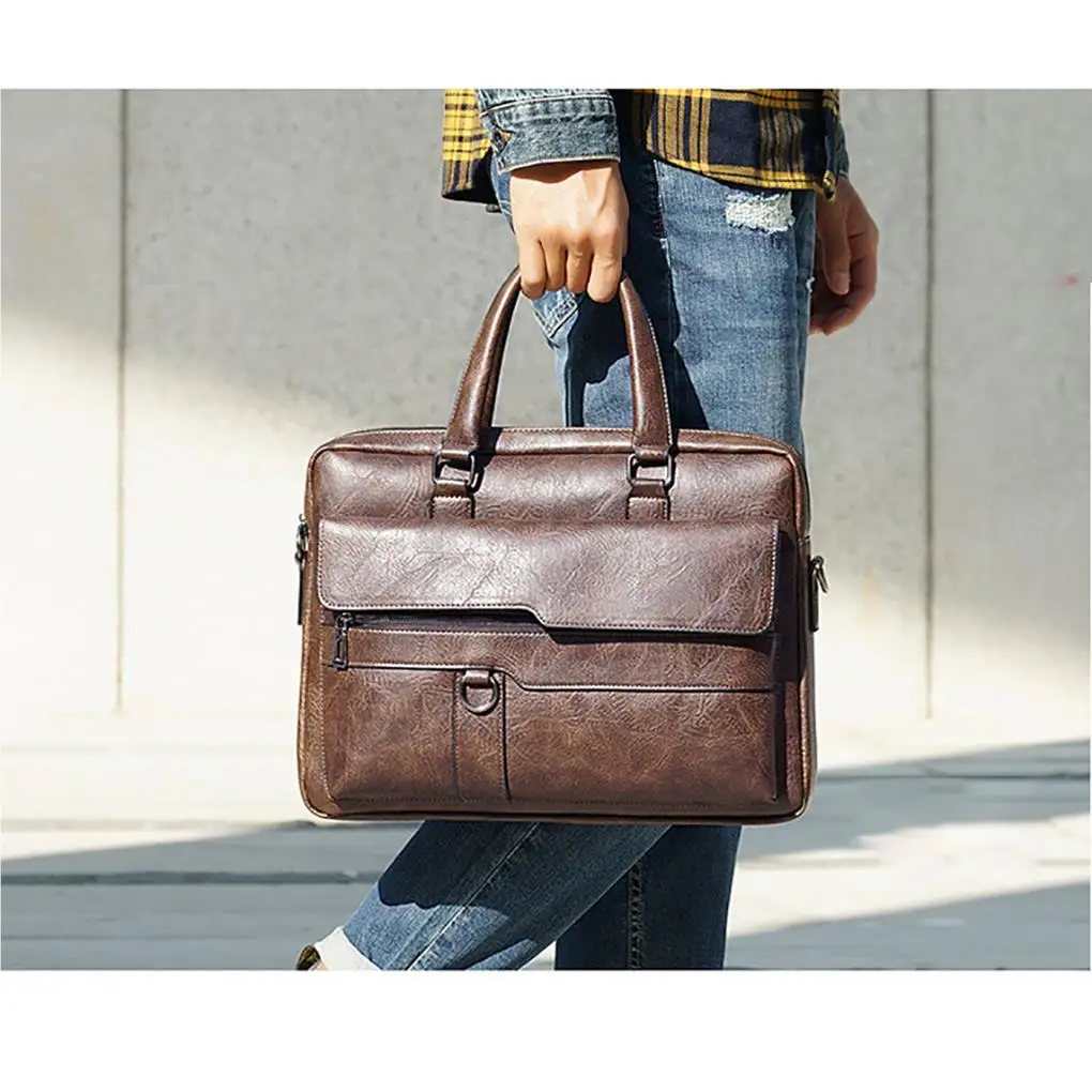 Men’s PU Business Bag Retro Messenger Bag Multi-pocket Briefcase for Men