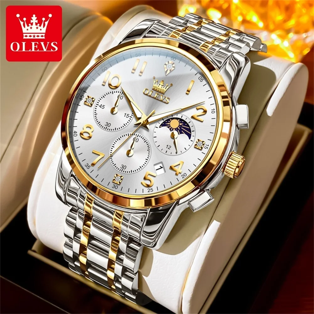 OLEVS 3628 Men Watch Classic Three Eye Stainless Steel Quartz Watch Digital Dial Waterproof Calendar Moon Phase Watch Top Brand