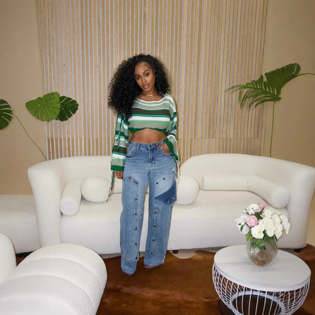 Women Mom Jeans Casual Splice High Waist Trousers Button Zipper Straight Pant Y2k Streetwear Loose Blue  Summer Mom Jeans