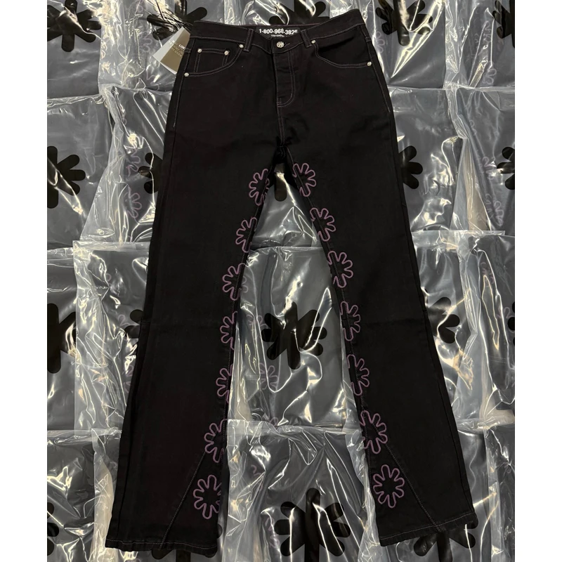 

Heavy Wash Old LOST SHDWS JEANS Purple Flowers Hollow Embroidery Metal Buttons Stitching Micro Flared Denim Trousers