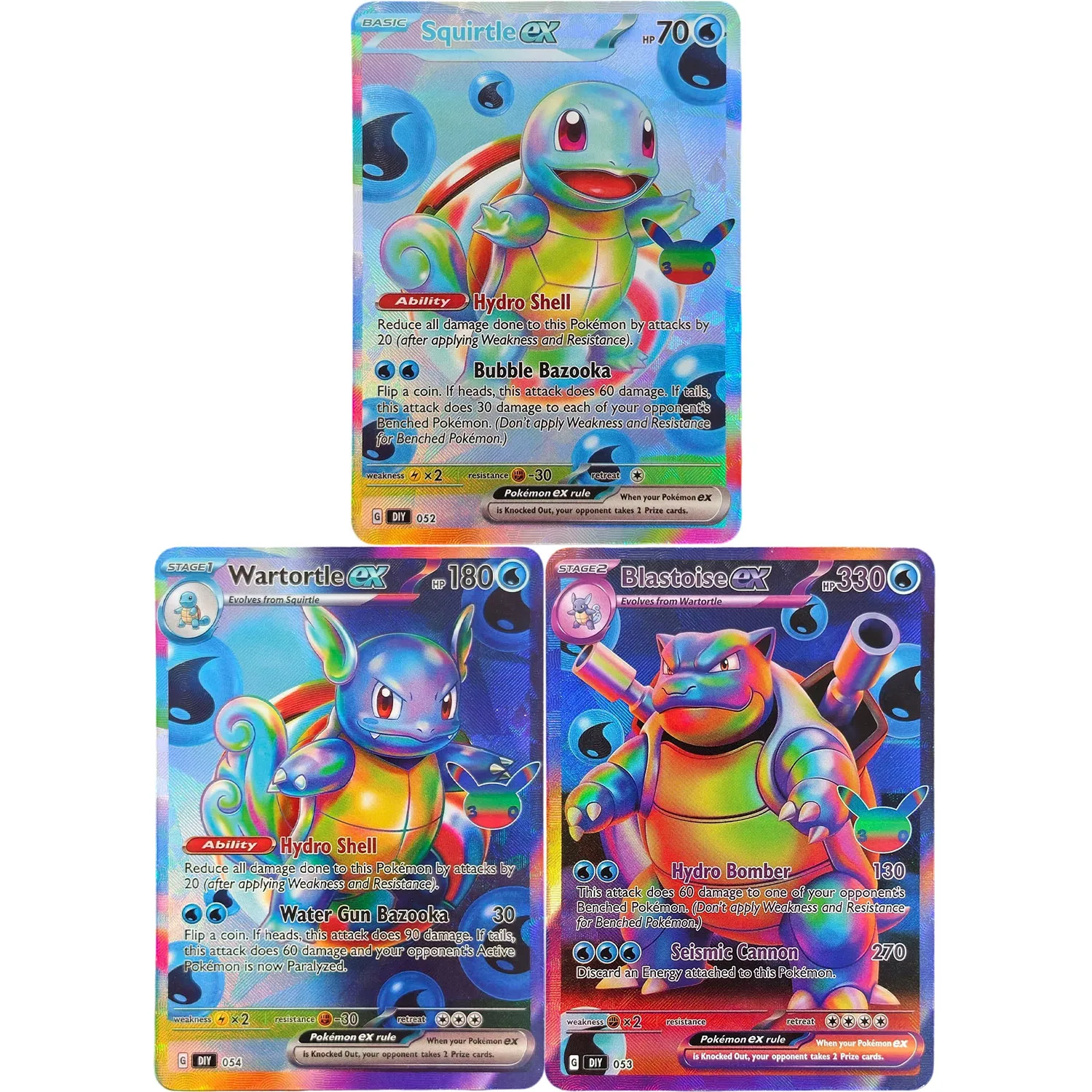 Carte de jeu Pokémon PTCG anglaise faite maison, Squirtle Blastoise Wartortle, édition 30e anniversaire, style galerie futuriste, rare, jouet