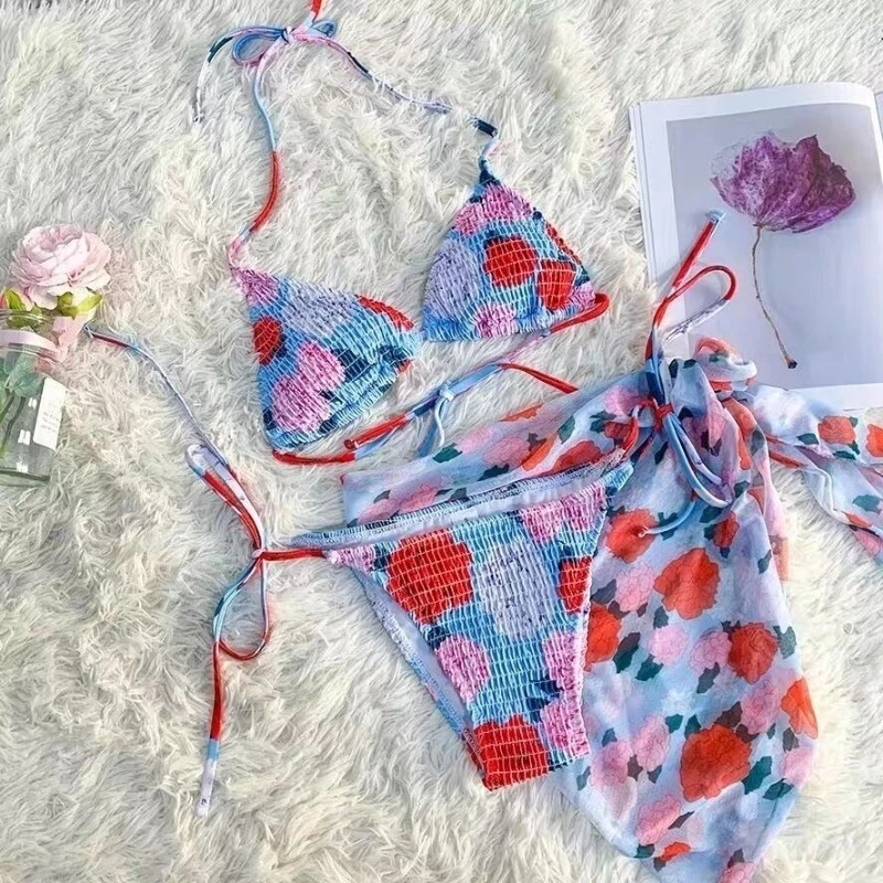 New Fashion Ribbed Floral Bikini Set for Small Chest Adjustable Tie Side Swimwear Women Summer Beach Bikinis - view 4