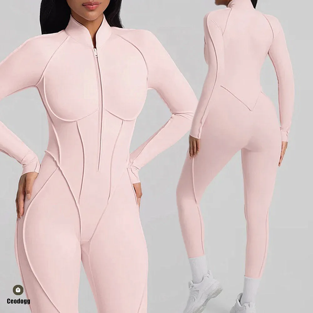 Pad Yoga Bodysuit Long Sleeve Women Tracksuits Gym Zipper Jumpsuits Sports Workout High-intensity Fitness One-piece Tights XP127