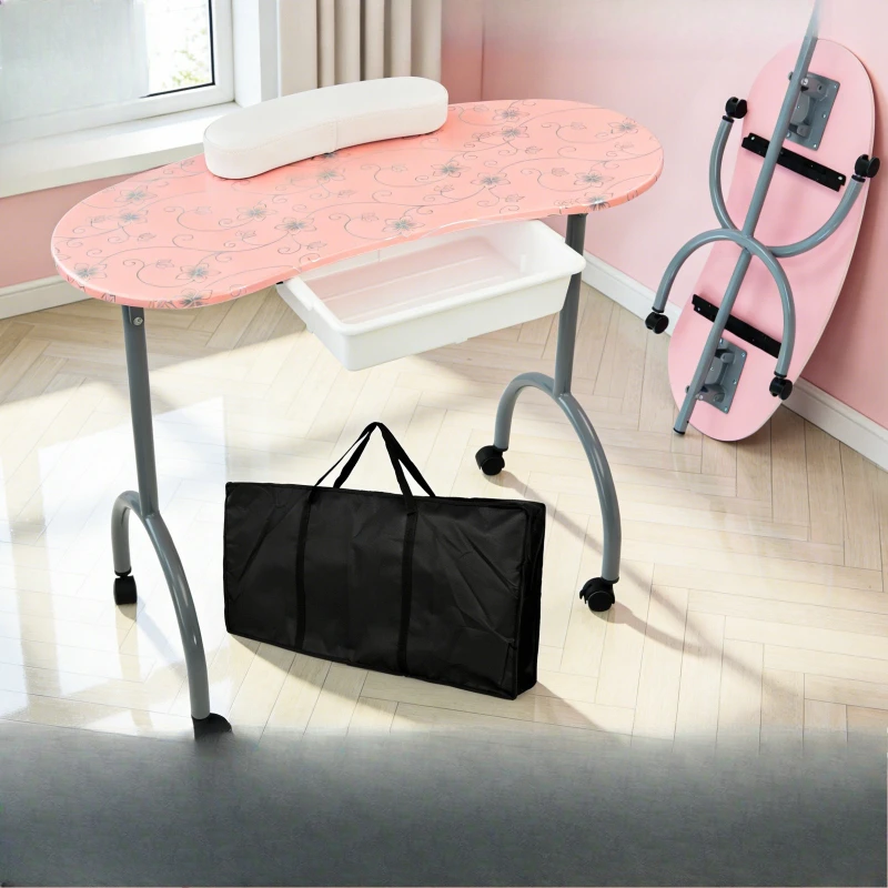 Pink nail table with drawer: Movable multifunctional portable folding nail table