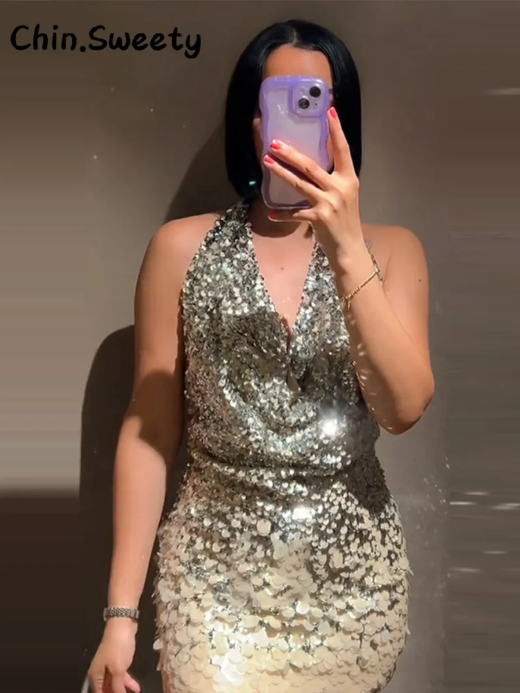 

Sexy Halter Multi-Color Sequined Mini Dress Women Shiny Sleeveless Backless Slim Hip Package Dresses 20256 Summer Lady Chic Robe