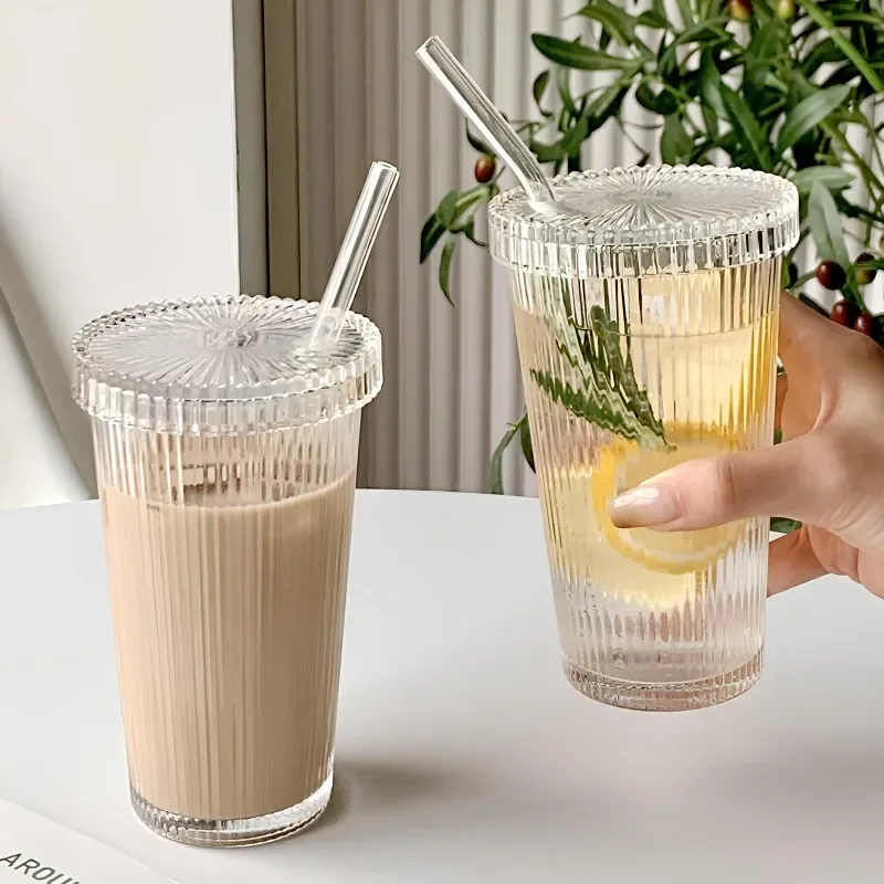 375ml Stripe Glass Cup Clear Ice Coffee Mug with Lid and Straw Bubble Tea Cup Juice Glass Beer Can Milk Mocha Cups Drinkware