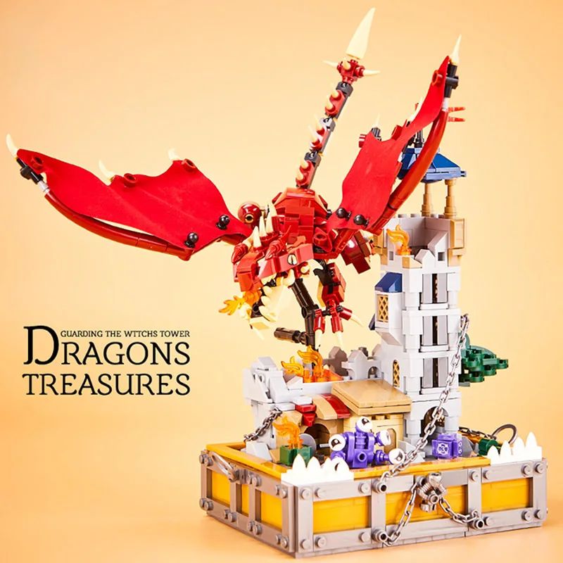 MOC 927pcs Dragon With Treasure Building  Blocks Set DIY Battle Of The Witch Tower Dragon Guard Bricks Toys For Children Gifts