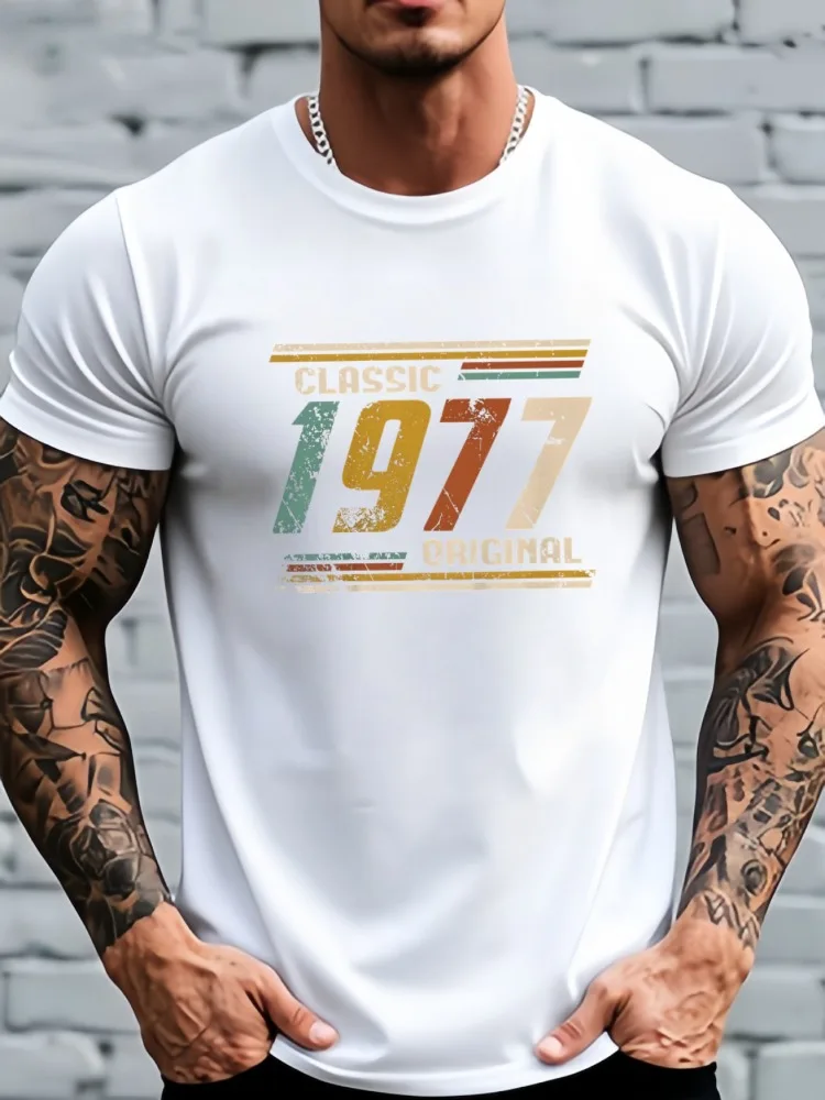 Men Summer Short Sleeve T Shirt Classic Original 1977 Vintage Retro Graphic Tee Crew Neck Birthday Casual Streetwear Mens Top