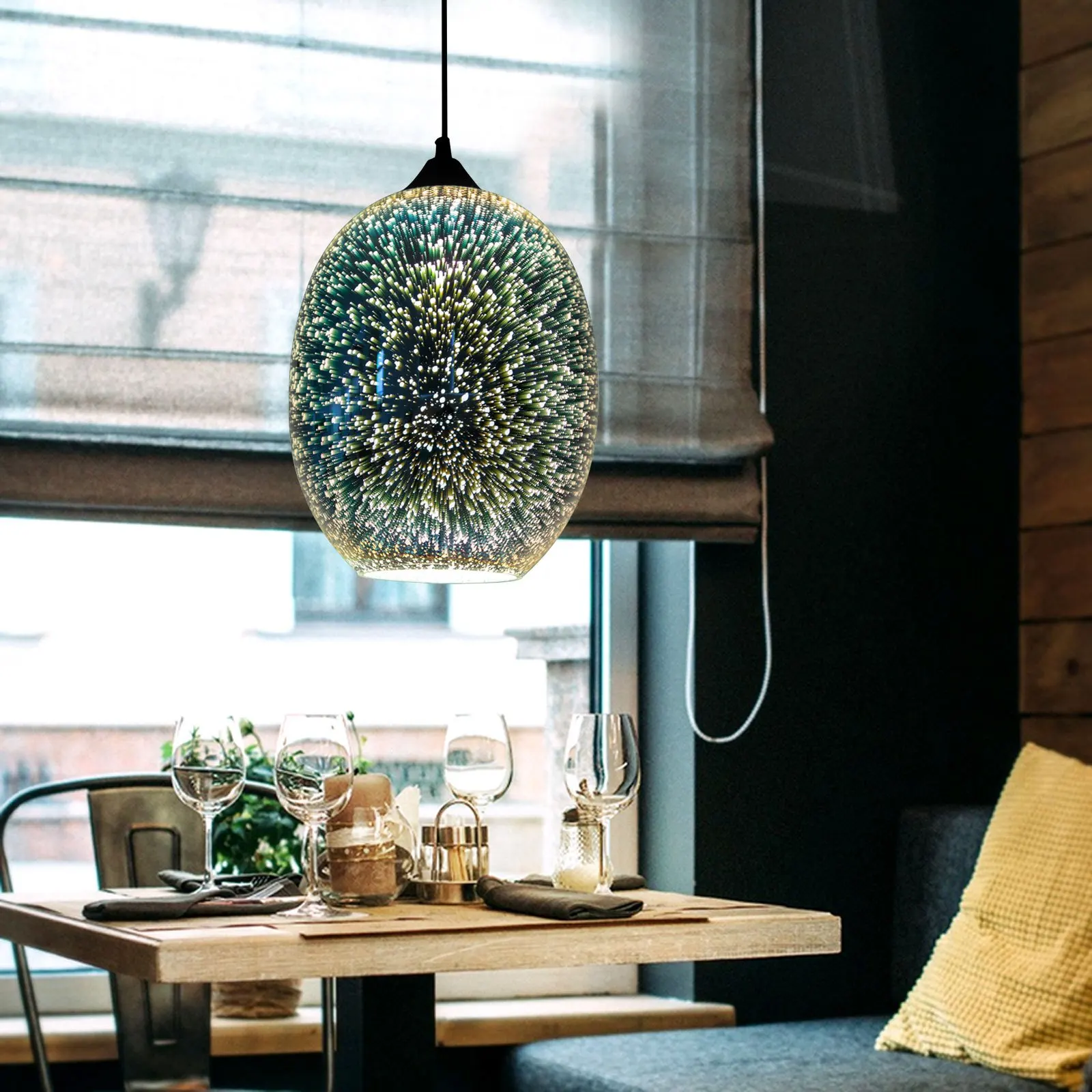 3D Feuerwerk Glas Pendelleuchte Silber Spiegelfinish Hängende Deckenlampe E27 Fassung Höhenverstellbar Schlafzimmer Wohnzimmer Deko