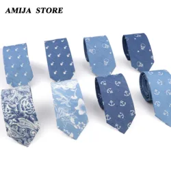 New Cotton Denim Blue Slim Ties For Men Floral Anchor Skull Fish Bone Neck Tie For Wedding Party Casual Neckties Daily Wear Gift