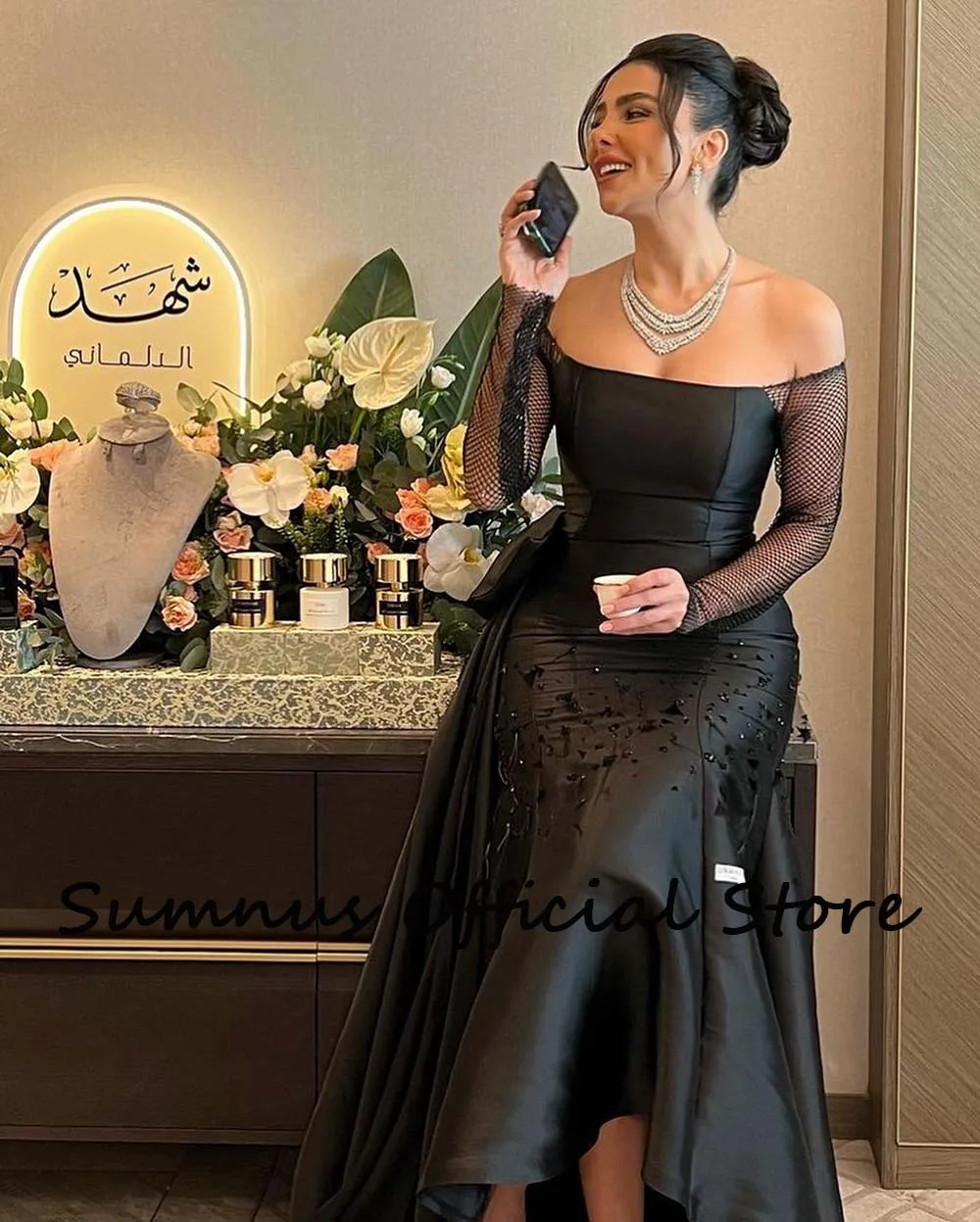 Sumnus-Black Mermaid Strapless Evening Prom Dresses, miçangas fora do ombro, cetim de manga comprida, árabe, Dubai Wedding Party Gowns, 2024