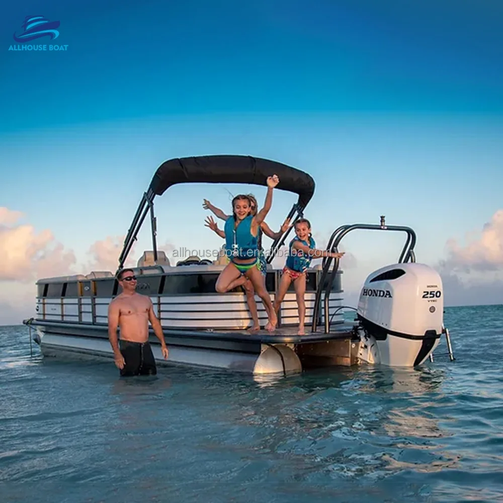 Luxury 19FT Welded Aluminum Pontoon Boat with 90HP Outboard Engine for Sport & Entertainment Fishing & Leisure