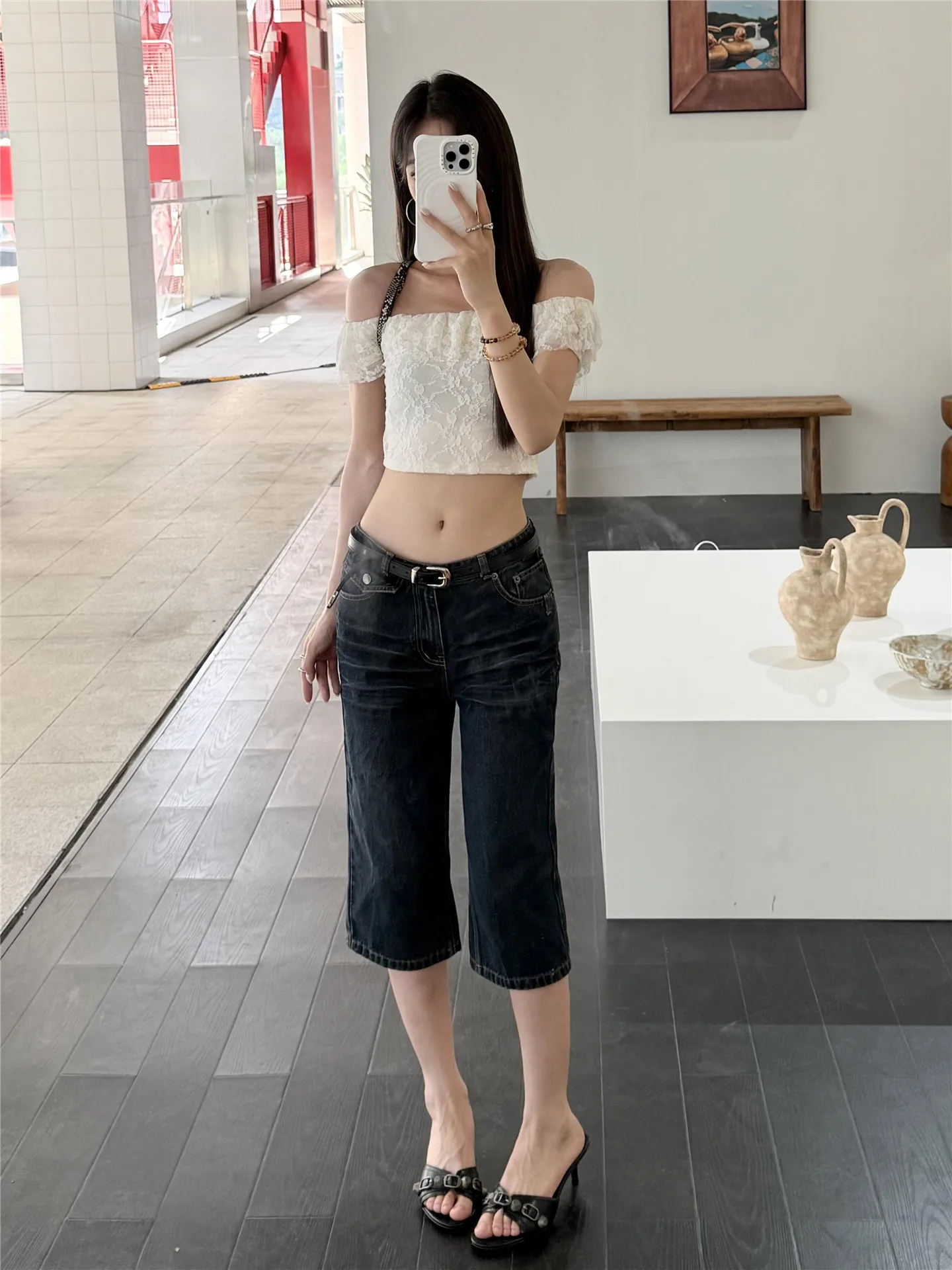 

Retro American Low Waist Seven-Five Denim Shorts Women Summer Loose Slim Washed Vintage Style Casual Cotton Wide Leg Jeans