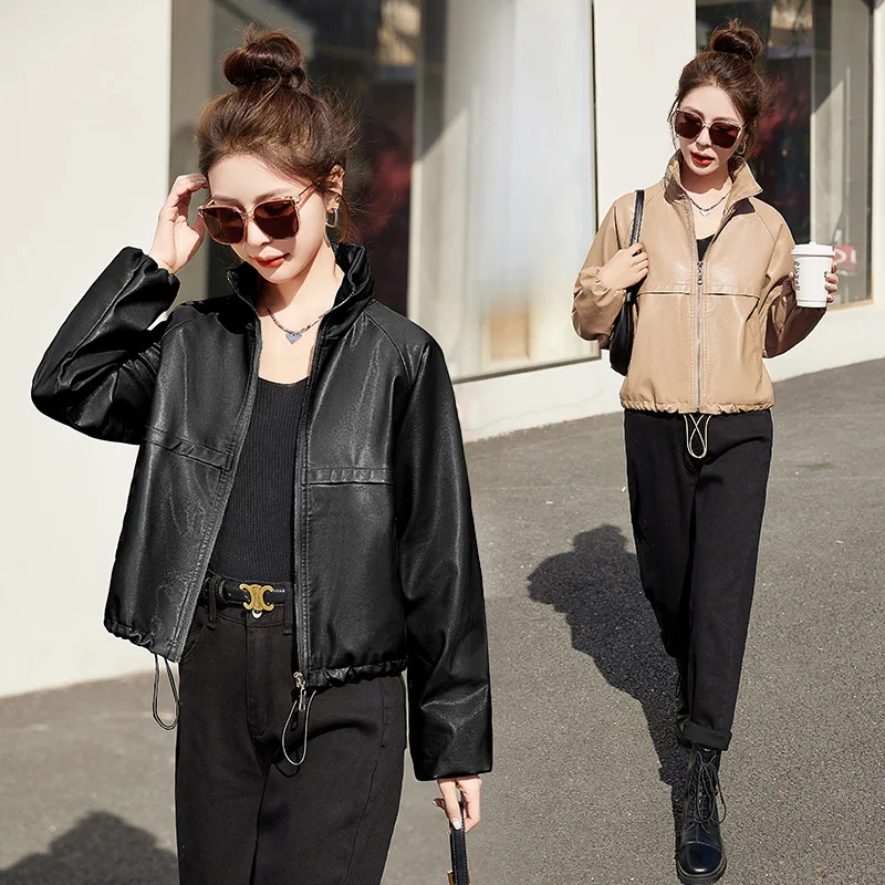 

2024 Spring and Autumn Women's New Sheepskin Coat Short Coat Drawstring Hem Elastic Cuff Collar Fashion Trend