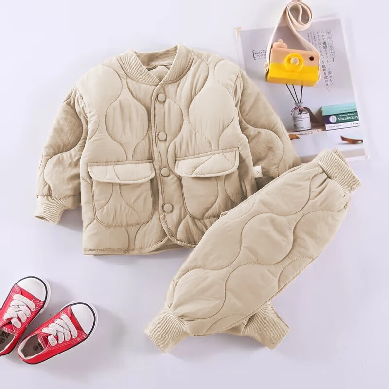 Korean version Baby Boy Clothes children's thickened insulation with cotton clip winter set suitable for baby top jacket+pants