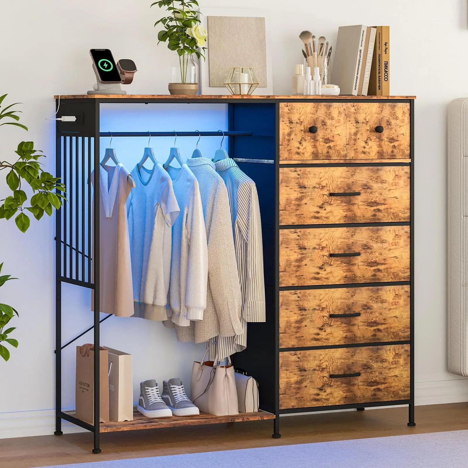6-Drawer Dresser with Hanging Rack & LED Lighting – Storage Organizer, Charging Station, Reversible Wood Top, Shoe Rack, Sturdy Frame for Bedroom, Kids Room