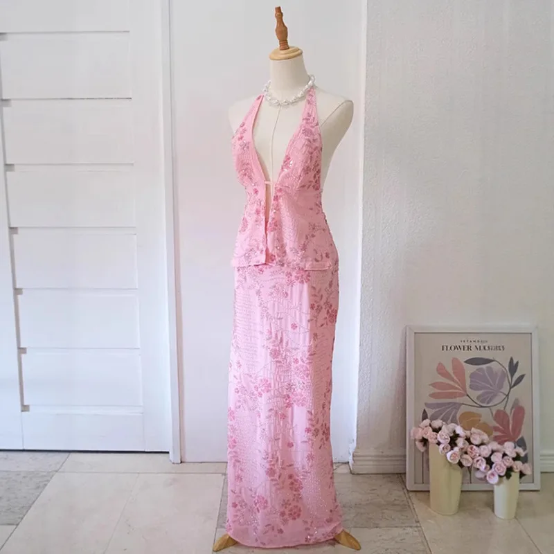 

New Sexy Deep V Backless Tie Halter Dress Slim Fit French Style 2025 Summer