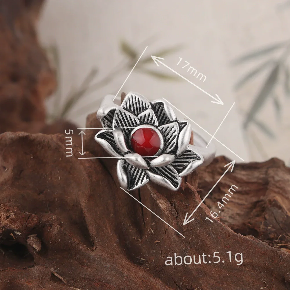 خمر التايلاندية الفضة الحجر الأحمر زهرة اللوتس قابل للتعديل خواتم الاصبع للنساء موضة جديدة مجوهرات حفلة هدية عيد الحب