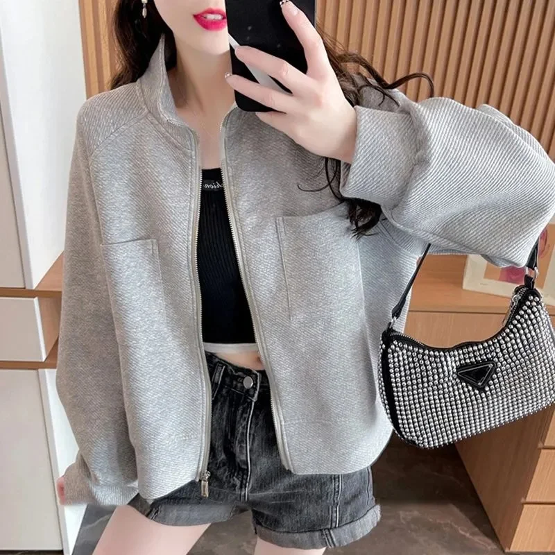 Damski kardigan z kołnierzykiem stójką, cienki, wiosenno-jesienny, koreański, luźny płaszcz, bluza rozpinana na zamek, modna, uniwersalna odzież wierzchnia, damskie topy.
