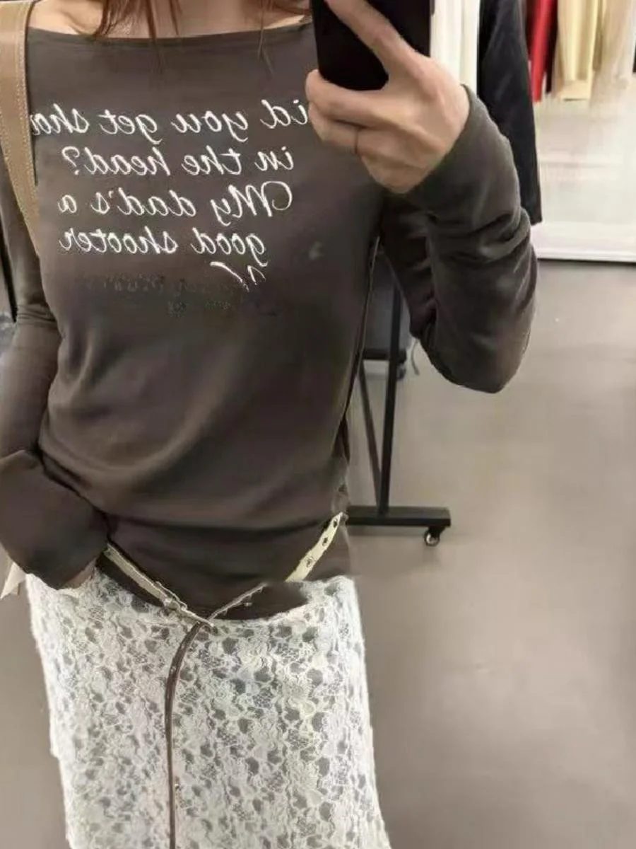 

Женская приталенная футболка с длинным рукавом и принтом, повседневная, весна-осень, базовая модель, дизайн East Gate One Shoulder, Pure Desire